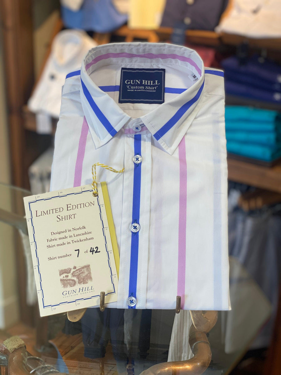Gun Hill Mens Wilberforce shirt White with Blue and pink stripe Gun